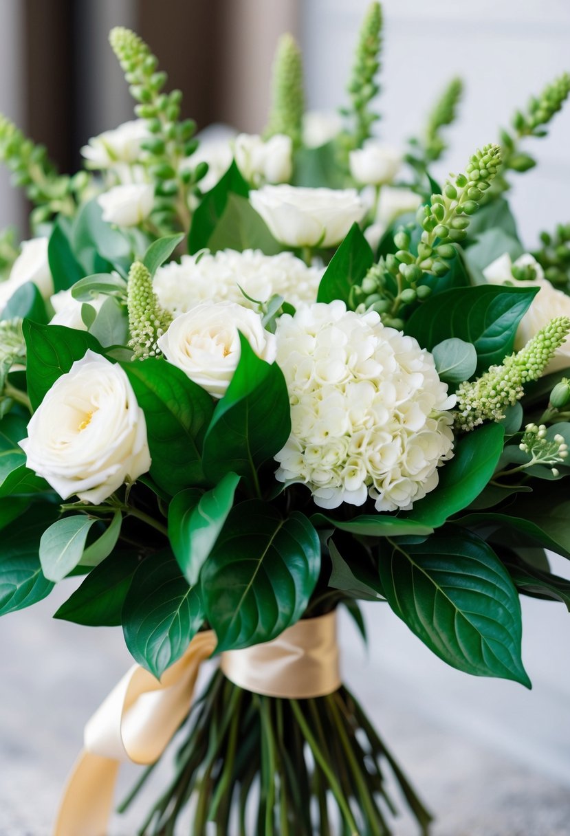 A lush bouquet of white blooms and emerald leaves, tied with a satin ribbon