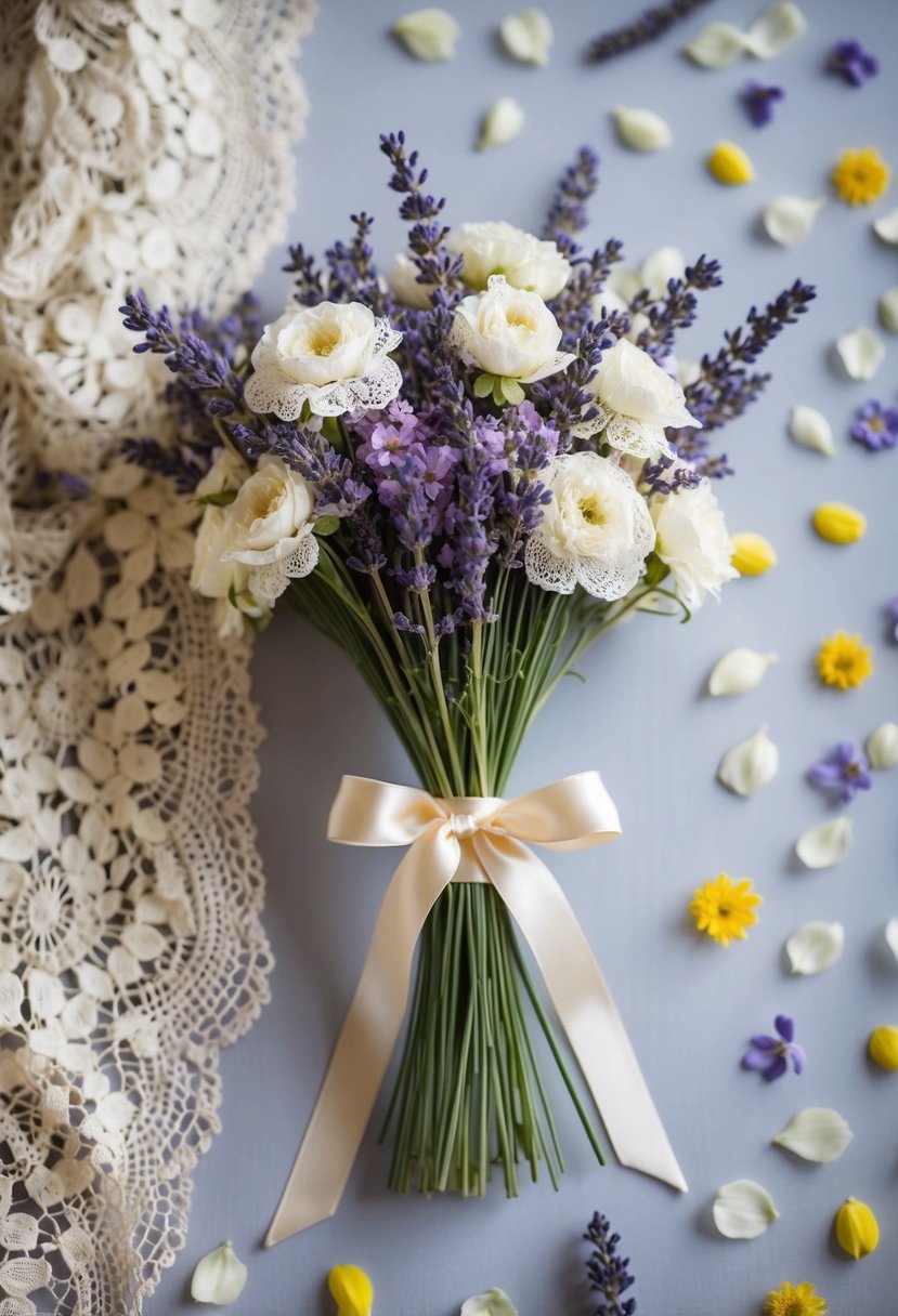 A delicate bouquet of vintage lace and lavender tied with a satin ribbon, surrounded by scattered flower petals and antique lace