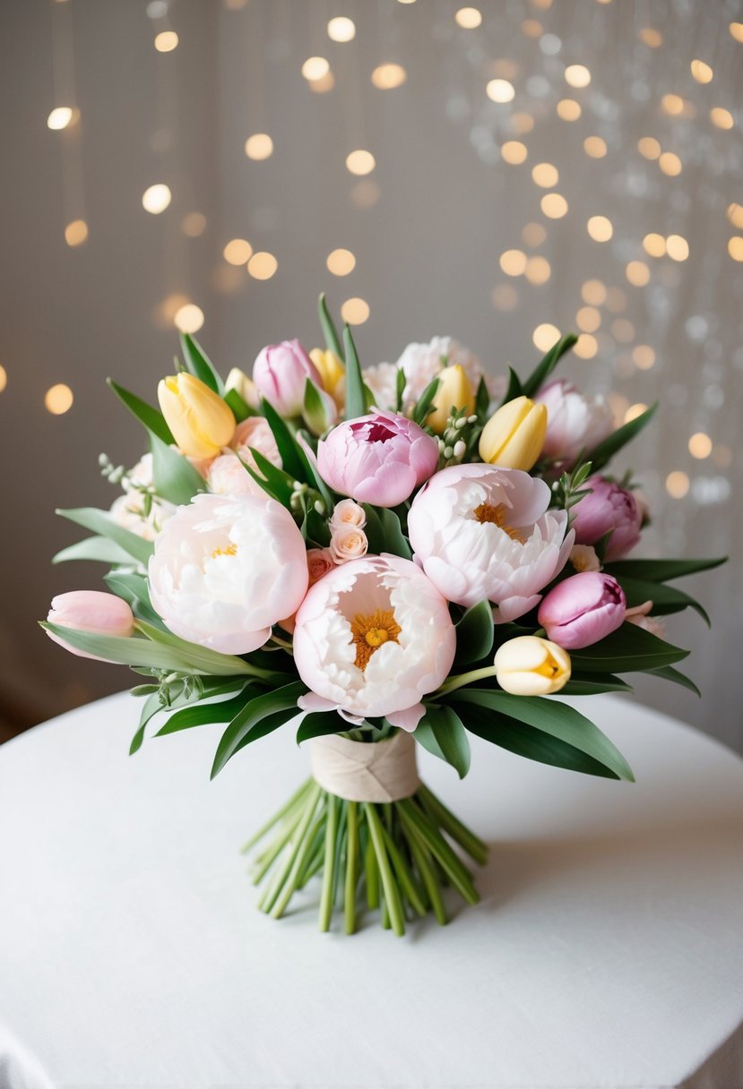 A vibrant wedding bouquet of pastel peonies and tulips arranged in a chic and elegant manner