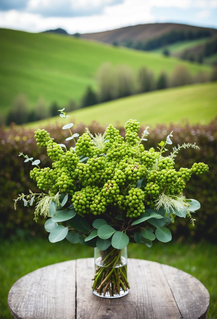 A lush bouquet of green hypericum berries, accented with delicate foliage, sits on a rustic wooden table against a backdrop of rolling green hills