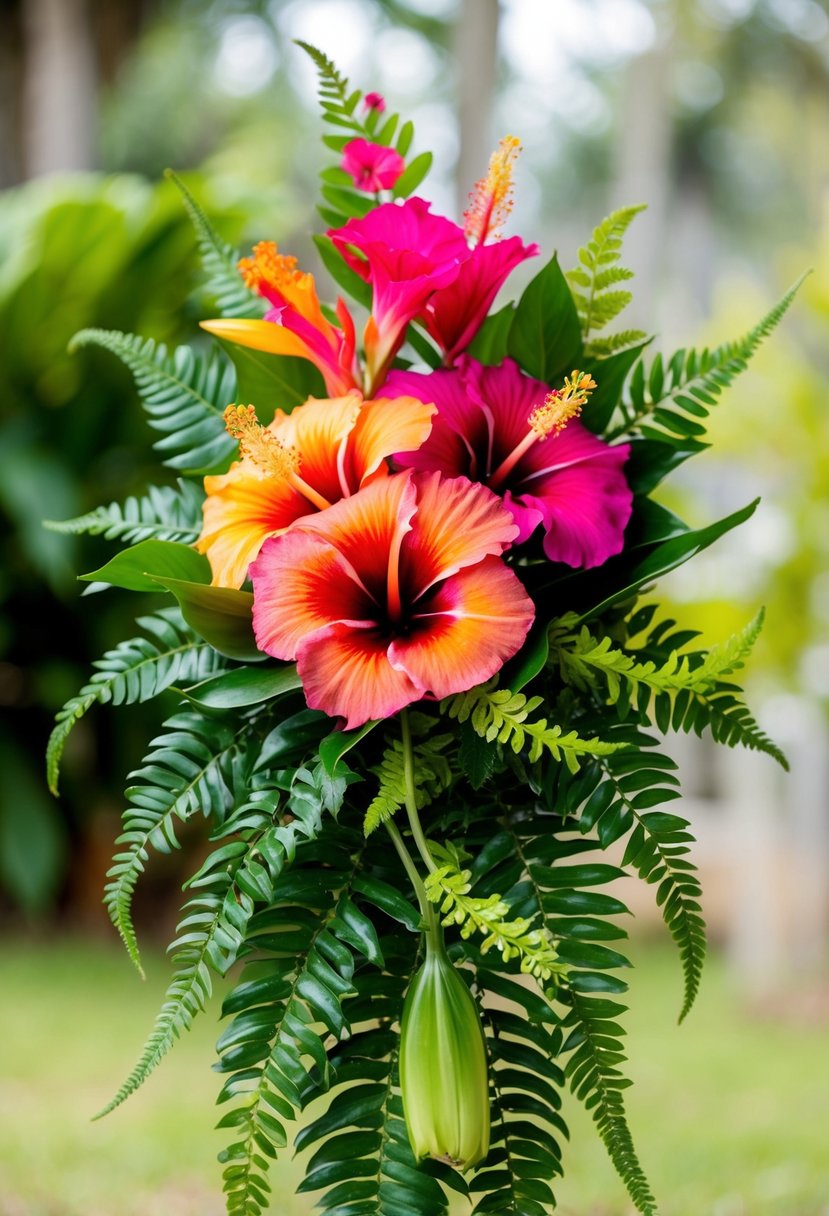 A vibrant bouquet of tropical hibiscus and lush ferns, arranged in a cascading, organic style