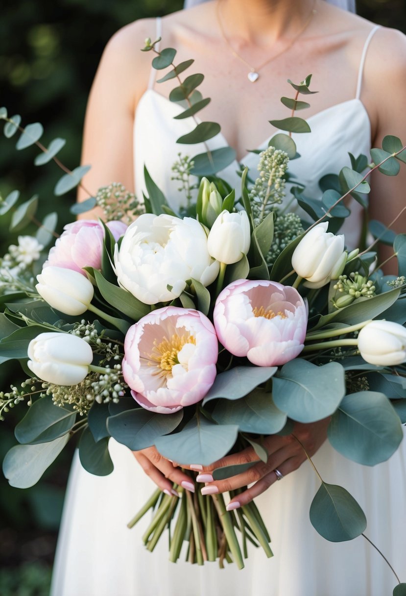 A lush bouquet of peonies and tulips intertwined with eucalyptus leaves, creating a romantic and elegant wedding bouquet