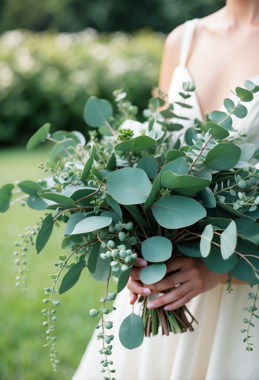 A delicate green wedding bouquet of seeded eucalyptus, with soft, cascading foliage and small round seeds