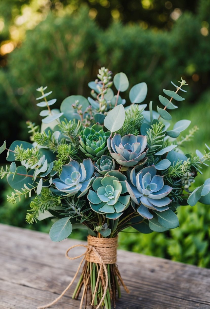 A lush bouquet of eucalyptus and succulents in a rustic, bohemian style, tied together with a natural twine ribbon