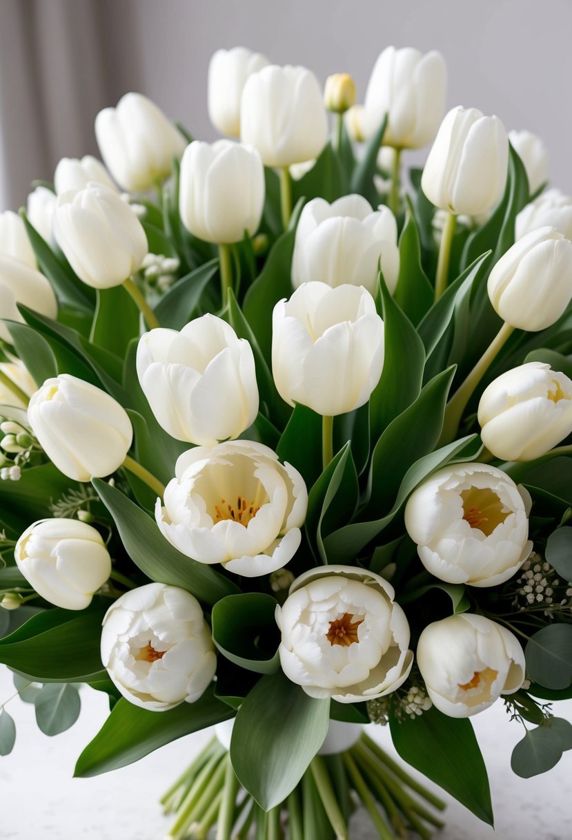 A lush bouquet of all-white tulips and peonies arranged in an elegant and romantic manner, perfect for a wedding celebration