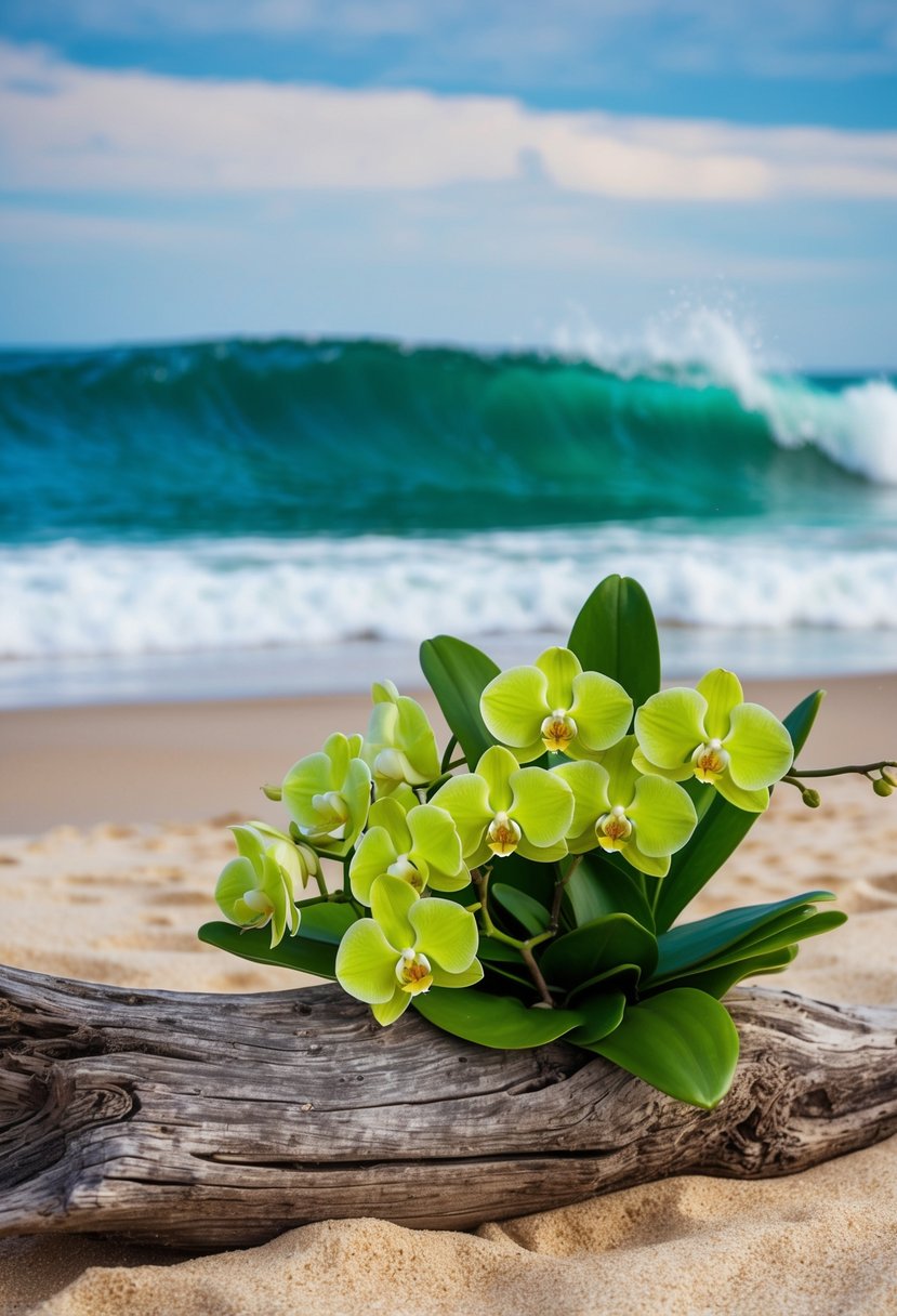 Emerald waves crash against a sandy shore, with a lush bouquet of green orchids resting on a weathered piece of driftwood