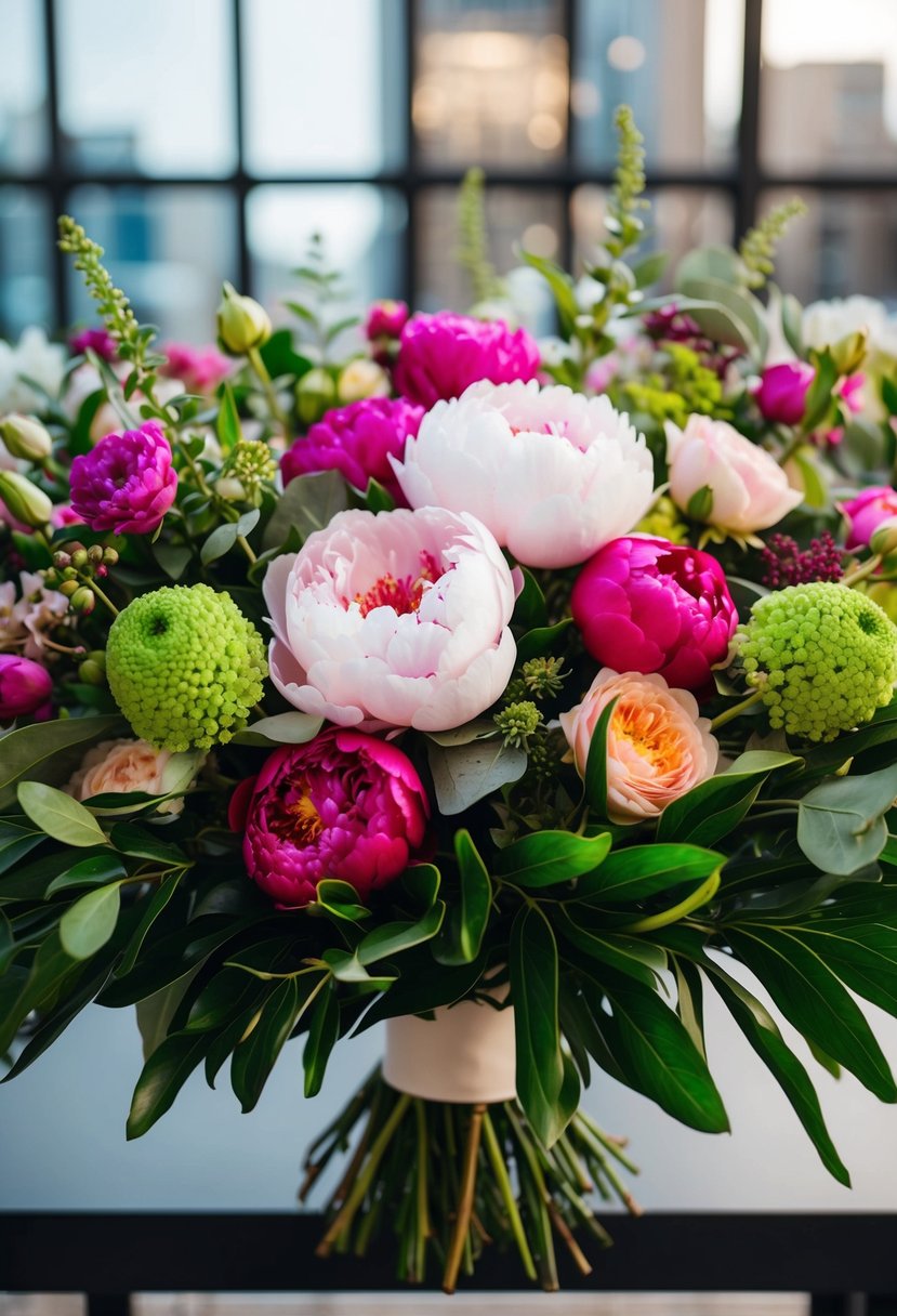 A lush, colorful bouquet of peonies, roses, and greenery arranged in a modern, vibrant style