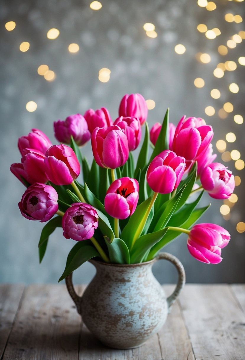 A bouquet of vibrant pink tulips and peonies arranged in a rustic vase