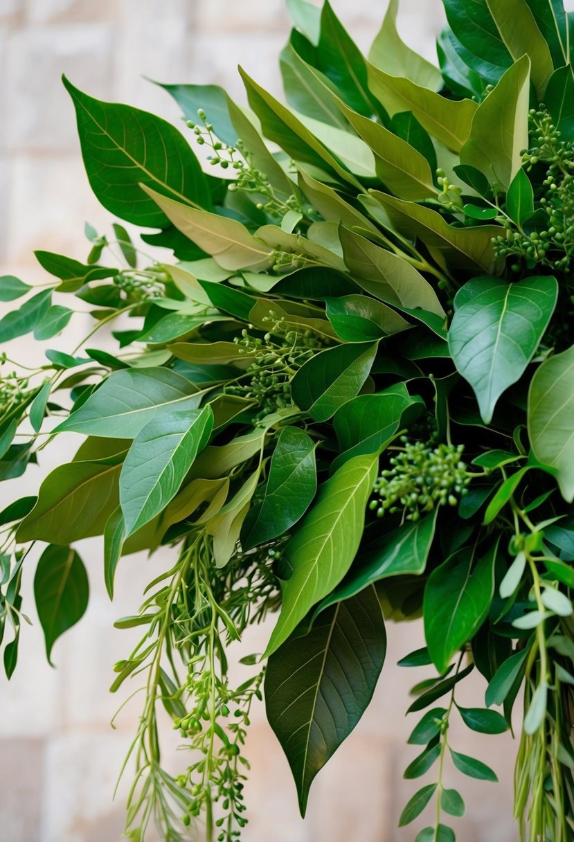 A vibrant bouquet of bay leaves, intertwined with delicate greenery, is arranged in a lush, cascading style, evoking a sense of natural elegance and beauty