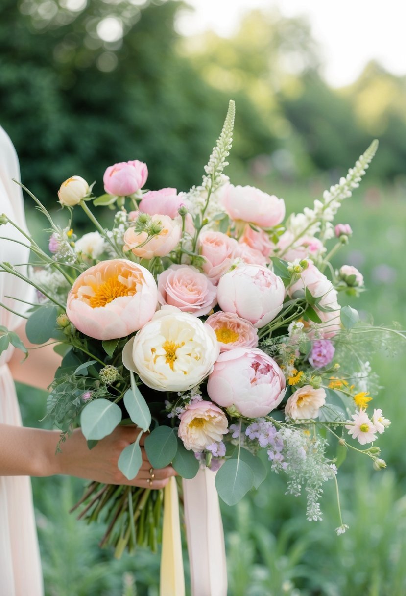 A delicate pastel garden mix bouquet, featuring roses, peonies, and wildflowers, arranged in a flowing, organic style