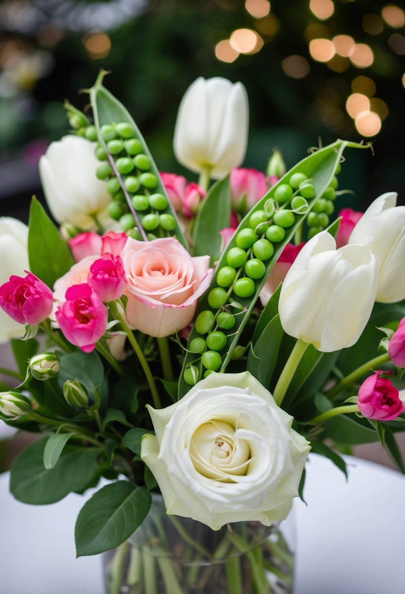 A lush bouquet of sweet peas, garden roses, and white tulips