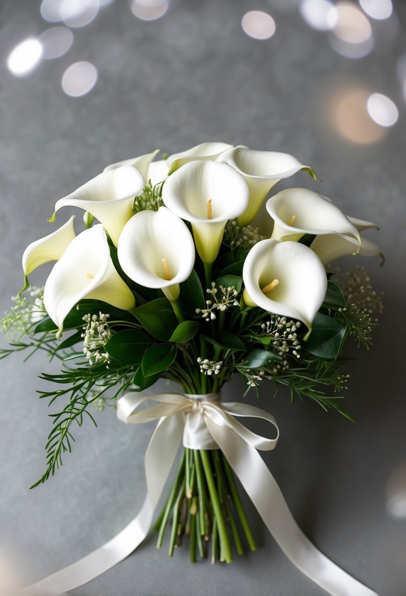 A pristine white Calla Lily wedding bouquet arranged with delicate greenery and tied with a satin ribbon