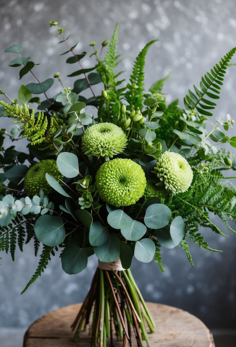 A lush bouquet of green button mums, eucalyptus, and ferns arranged in a flowing, organic style