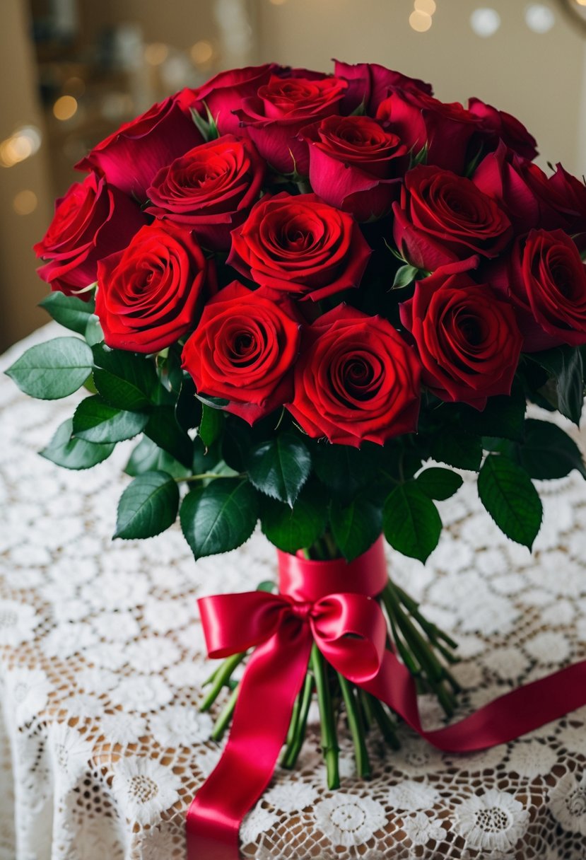 A lush bouquet of red roses, tied with satin ribbon, sits on a vintage lace tablecloth