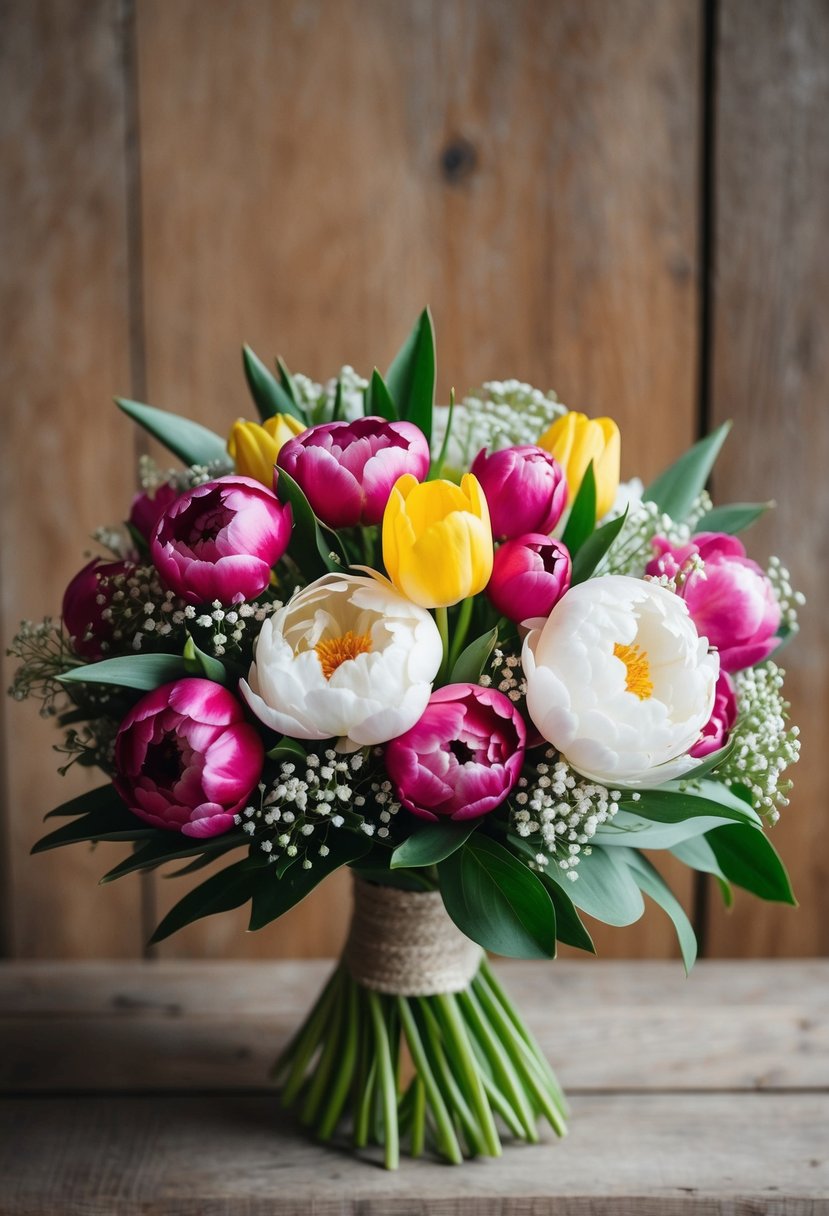 A vibrant bouquet of peonies, tulips, and baby's breath arranged in a rustic, elegant style