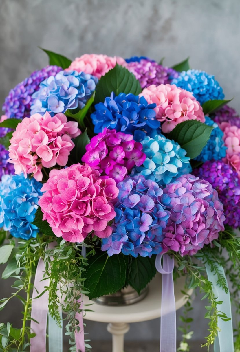 A vibrant mix of hydrangeas, in shades of pink, blue, and purple, arranged in a whimsical and loose style, with trailing greenery and delicate ribbons