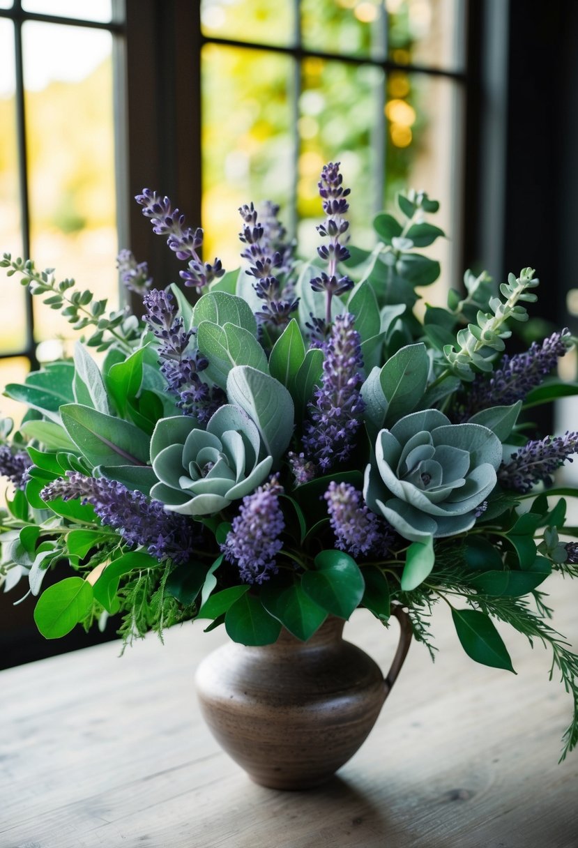 A lush bouquet of sage and lavender, accented with symphony green foliage, arranged in a rustic vase