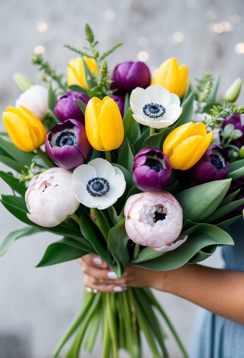 A vibrant bouquet of anemones, tulips, and peonies bundled together in a simple and elegant arrangement