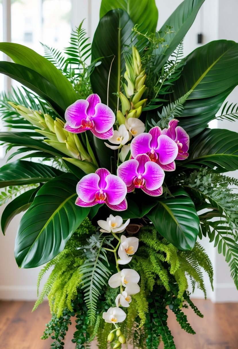 A lush bouquet of tropical palm leaves and vibrant orchids, arranged in a cascading design with delicate ferns and exotic foliage