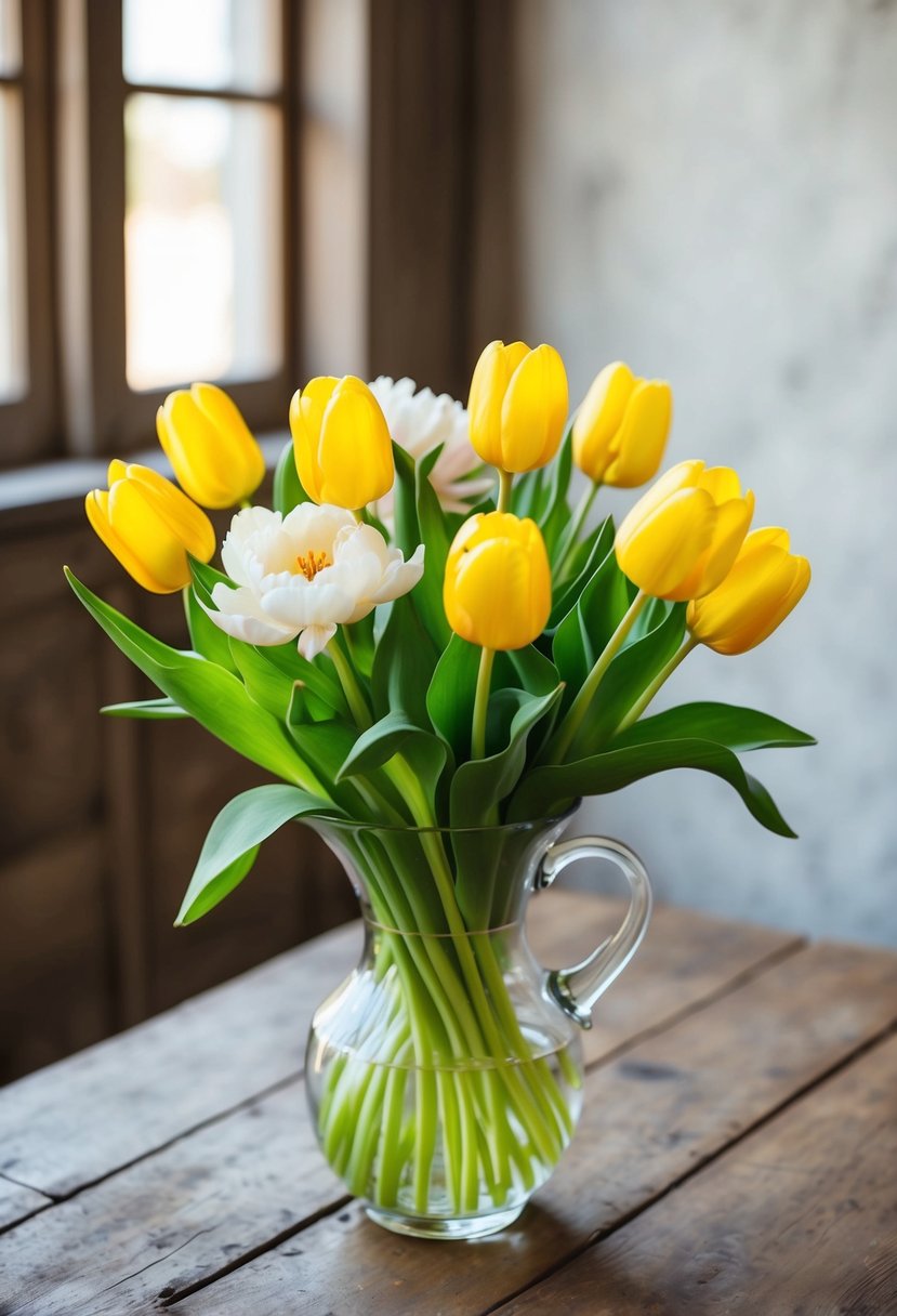 A vibrant bouquet of bright yellow tulips and white peonies in a glass vase on a rustic wooden table