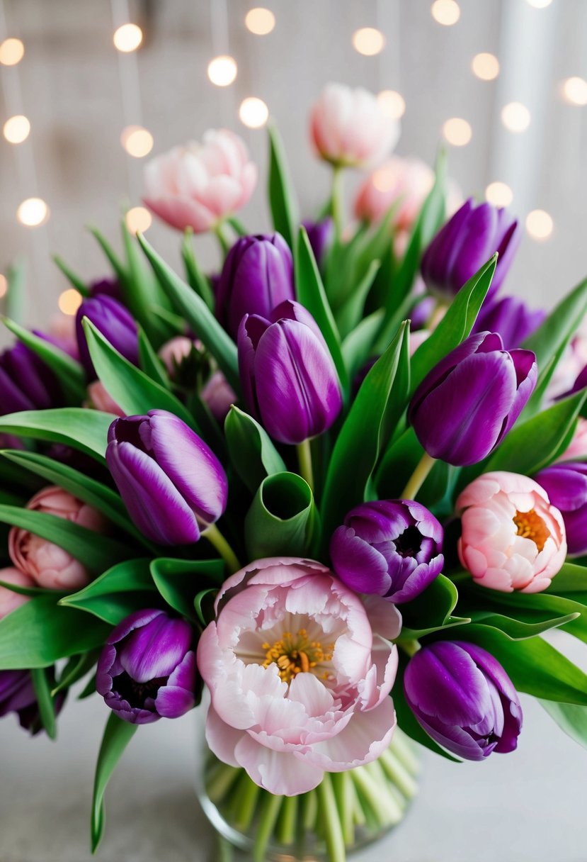 A lush bouquet of purple tulips and blush peonies arranged in a delicate and romantic style