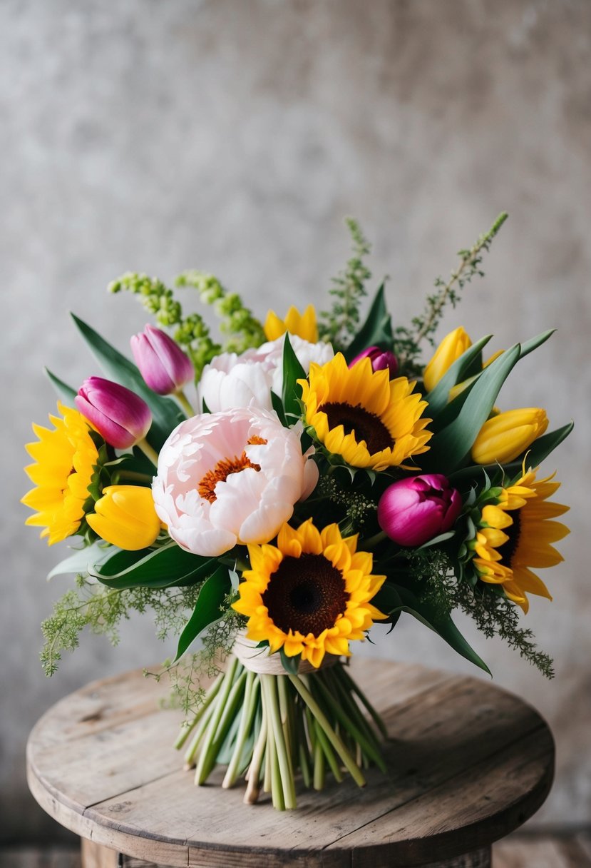 A rustic bouquet of peonies, tulips, and sunflowers arranged in a loose, natural style