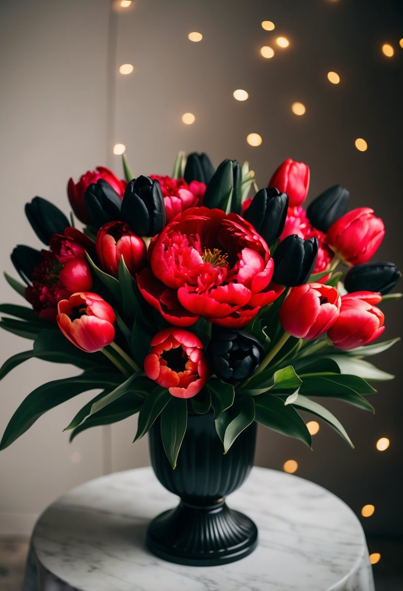 A lush bouquet of red peonies and black tulips arranged in a dramatic and elegant manner