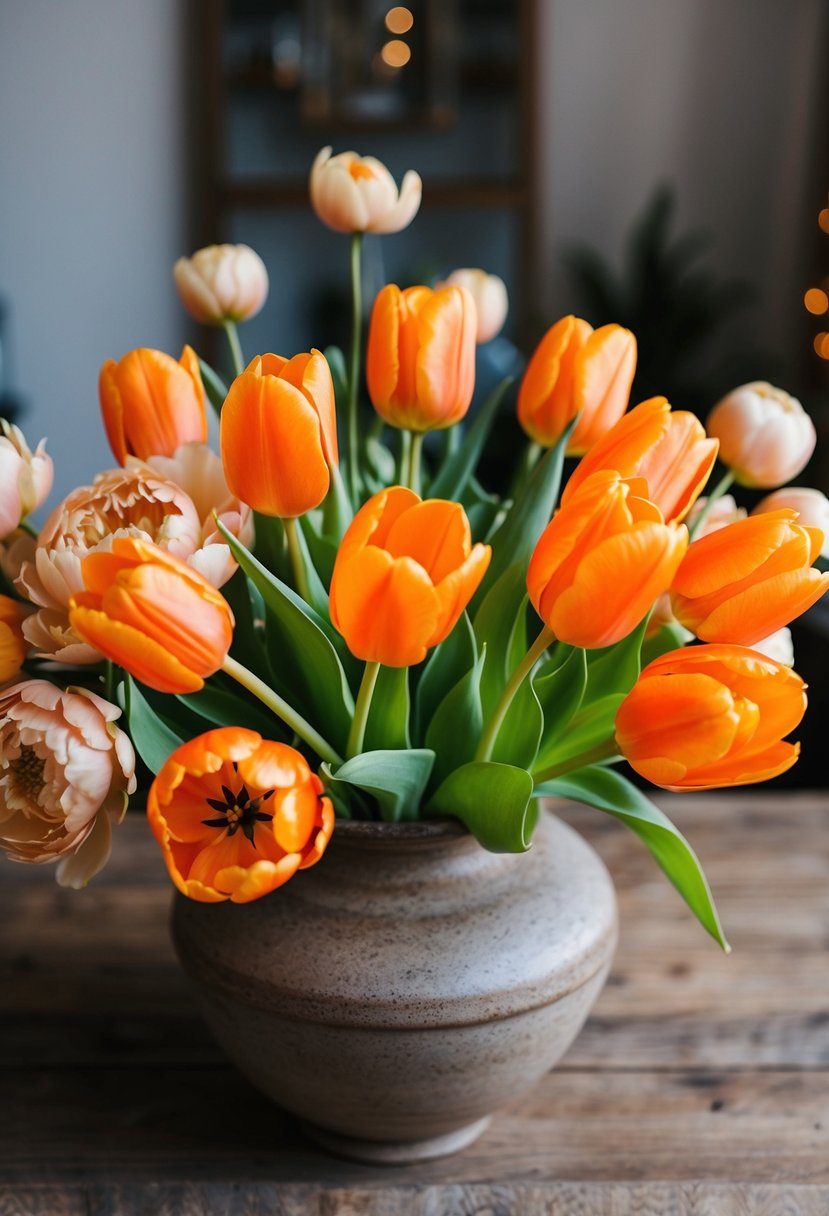 A vibrant bouquet of orange tulips and champagne peonies arranged in a rustic vase