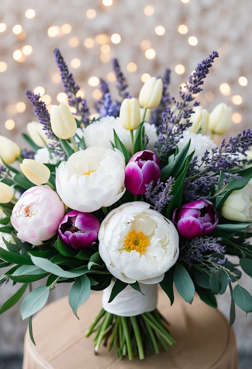 A lush bouquet of peonies, tulips, and lavender arranged in a delicate and romantic wedding bouquet