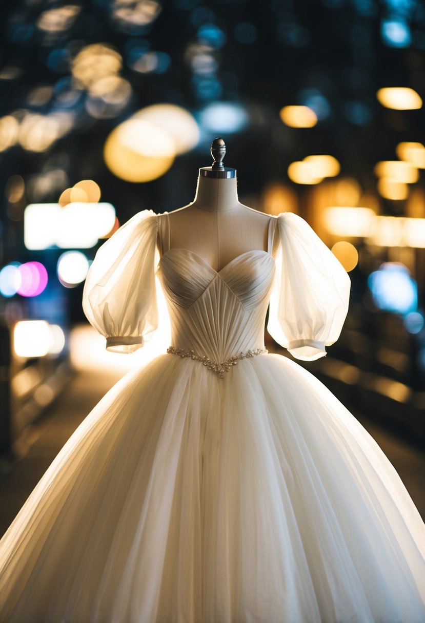 An 80s style wedding dress with puffy sleeves, a sweetheart neckline, and a full tulle skirt