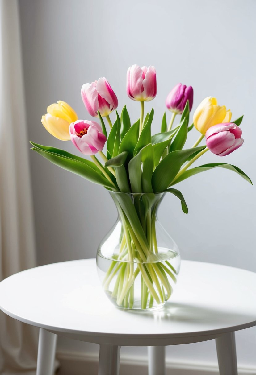 A simple bouquet of tulips and peonies in a clear glass vase on a white table