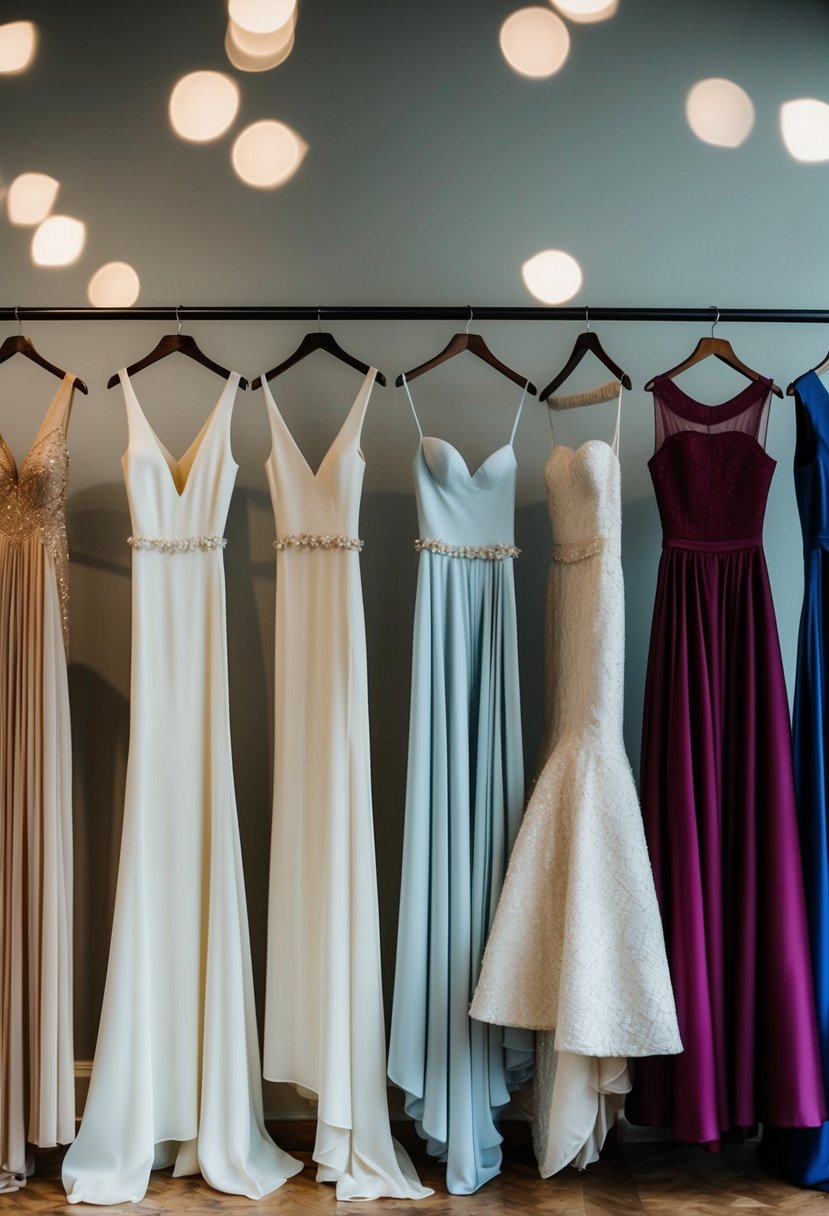 A group of Renaissance-inspired minimalist gowns displayed alongside 80s style wedding dress ideas