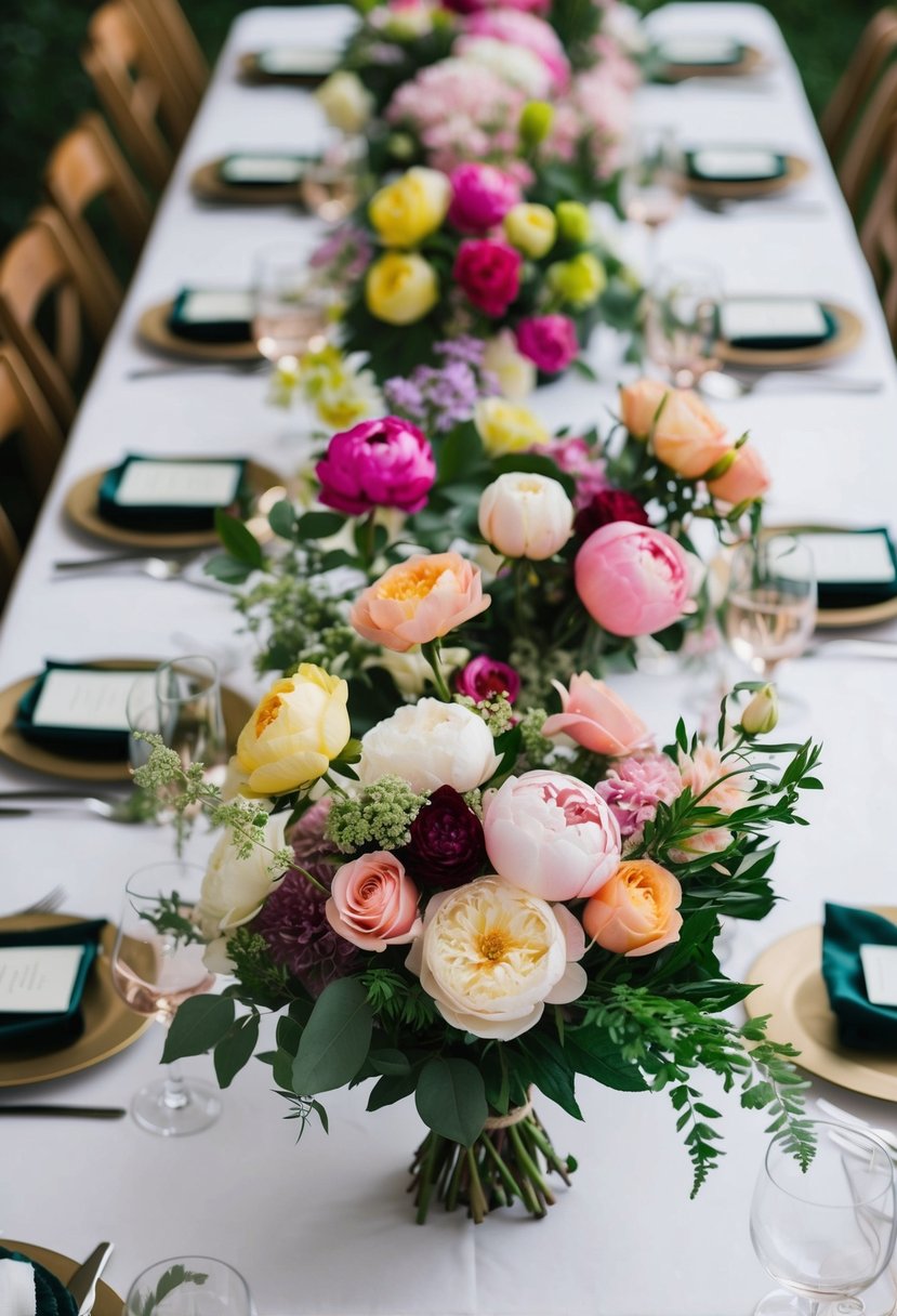 A table adorned with various bouquets in a mix of vibrant and pastel colors, featuring roses, peonies, and greenery