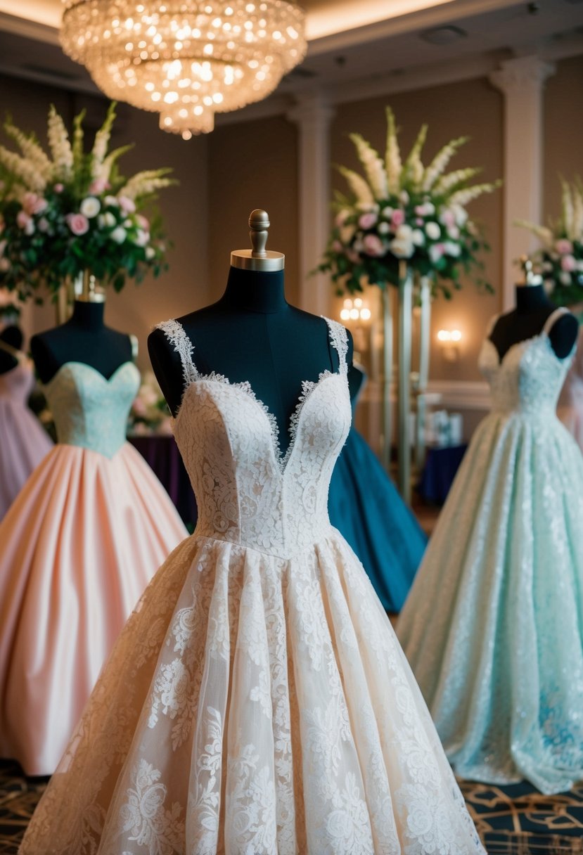 A ballroom with vintage lace ballgowns on mannequins, 80s style decor and floral arrangements