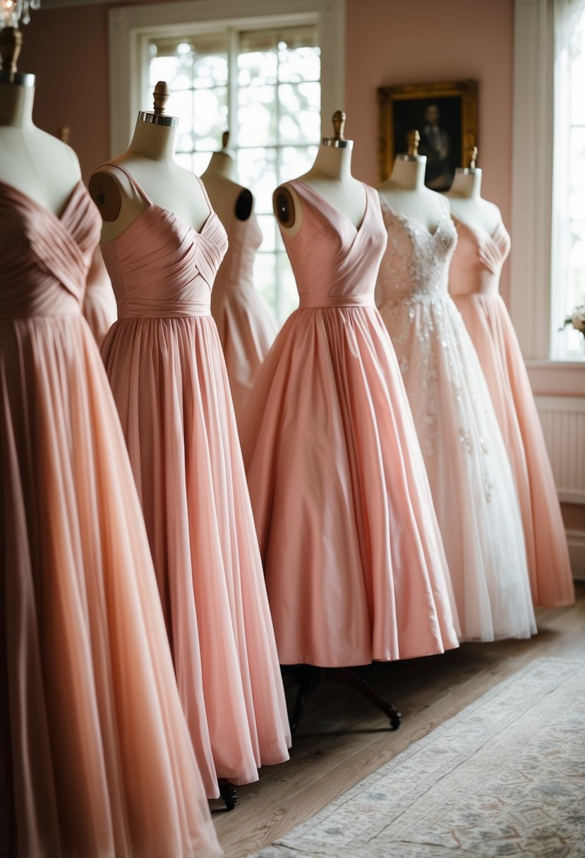 A group of vintage blush and pink 80s style wedding dresses displayed on mannequins in a romantic setting