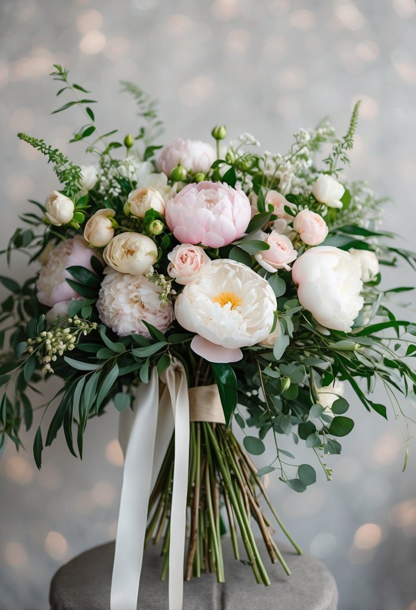 A lush bouquet of peonies and roses arranged in a cascading style, with delicate greenery and ribbon accents