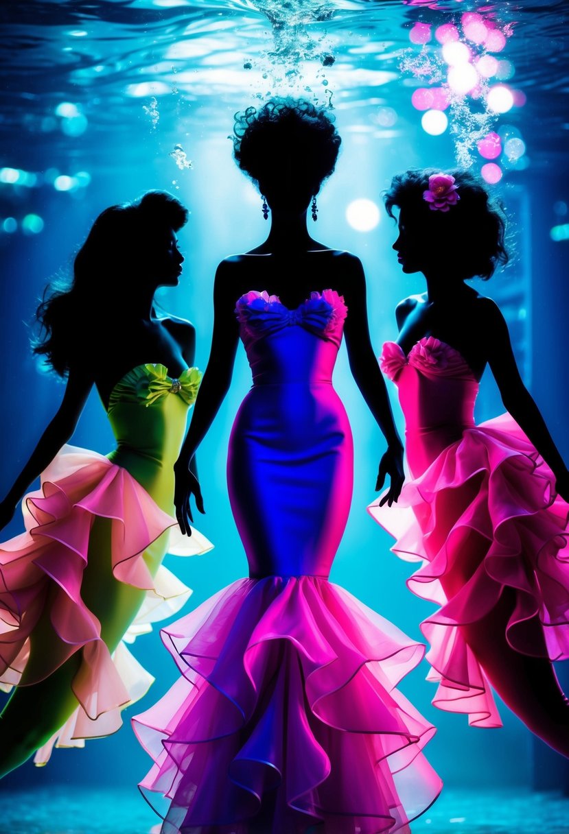 Mermaid silhouettes in 80s-style wedding dresses, with bold colors and exaggerated ruffles, set against a neon-lit underwater cityscape