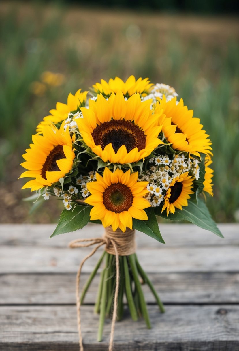 A rustic sunflower bouquet with smaller wildflowers, tied with twine