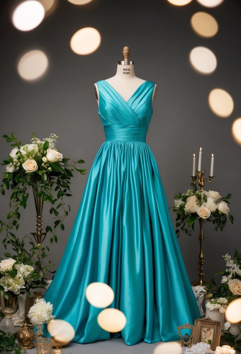 A mannequin wearing a drop-waist chic gown in an 80s style, surrounded by vintage wedding accessories and decor