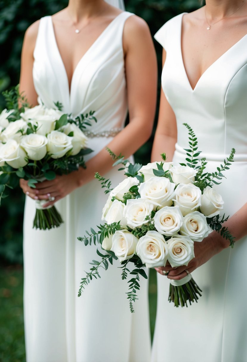 A bride and bridesmaid hold all-white rose bouquets, with delicate greenery accents