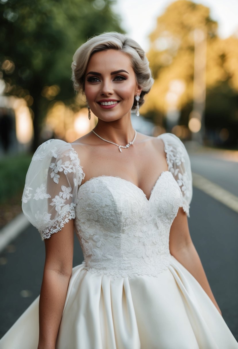 An 80s style wedding dress with a sweetheart neckline, featuring puffy sleeves, lace detailing, and a full skirt with a high-low hem