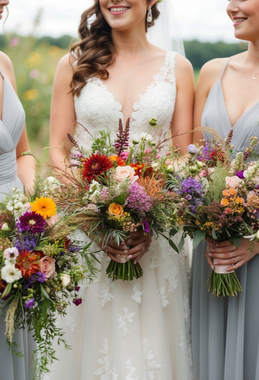 A bride and bridesmaid hold whimsical wildflower bouquets, featuring a mix of colorful blooms and delicate greenery, creating a romantic and natural look