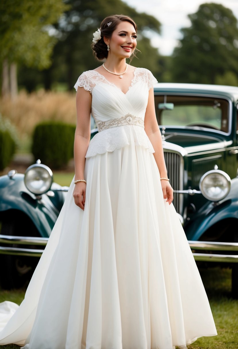 A bride in a 1930s-style wedding dress, with a dropped waist, lace detailing, and a flowing skirt, standing in front of a vintage car