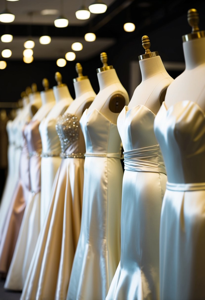 A row of elegant, satin 80s style wedding dresses on mannequins