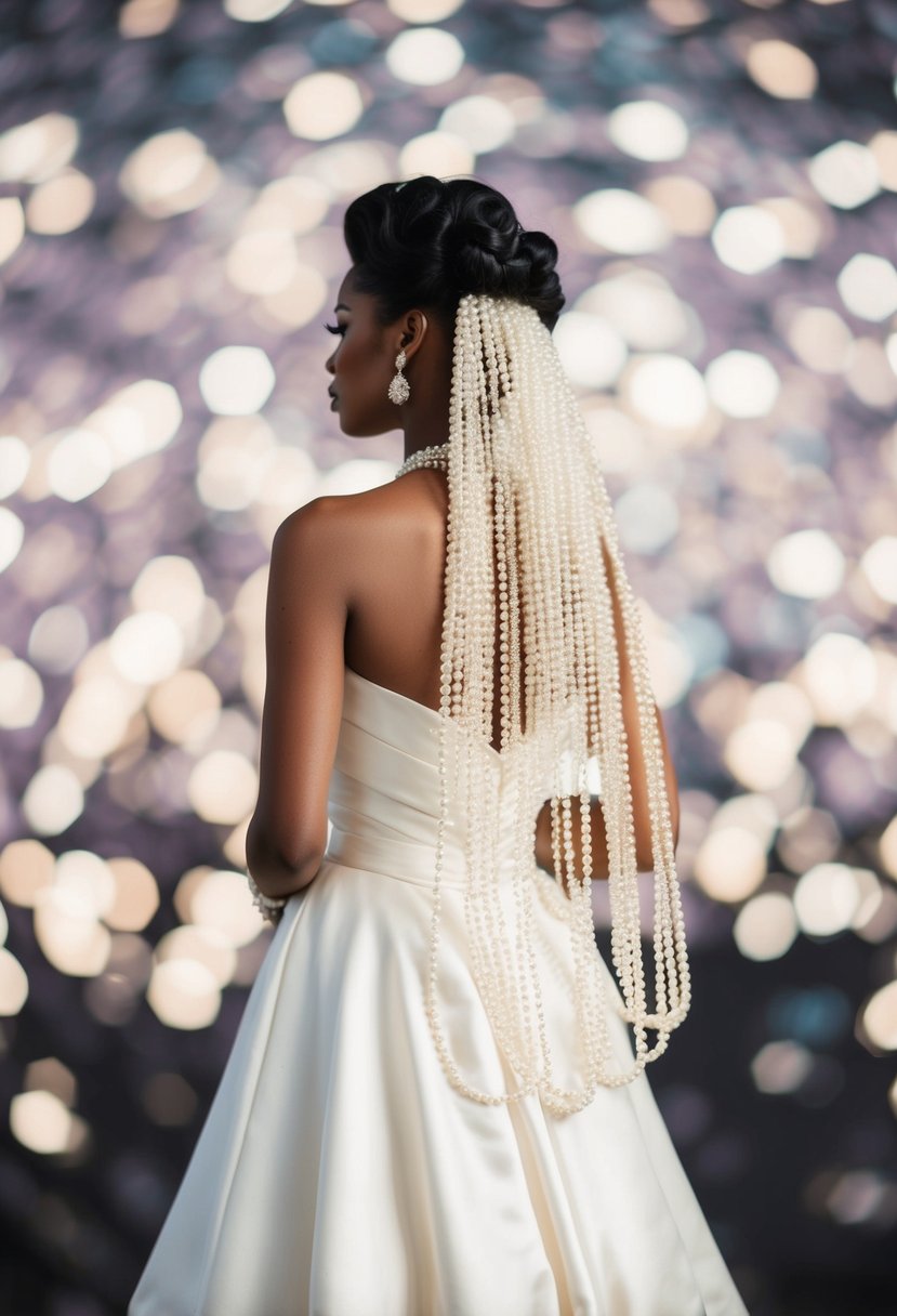 An 80s-style wedding dress with pearl-adorned veils cascading down the back, creating a glamorous and vintage-inspired look