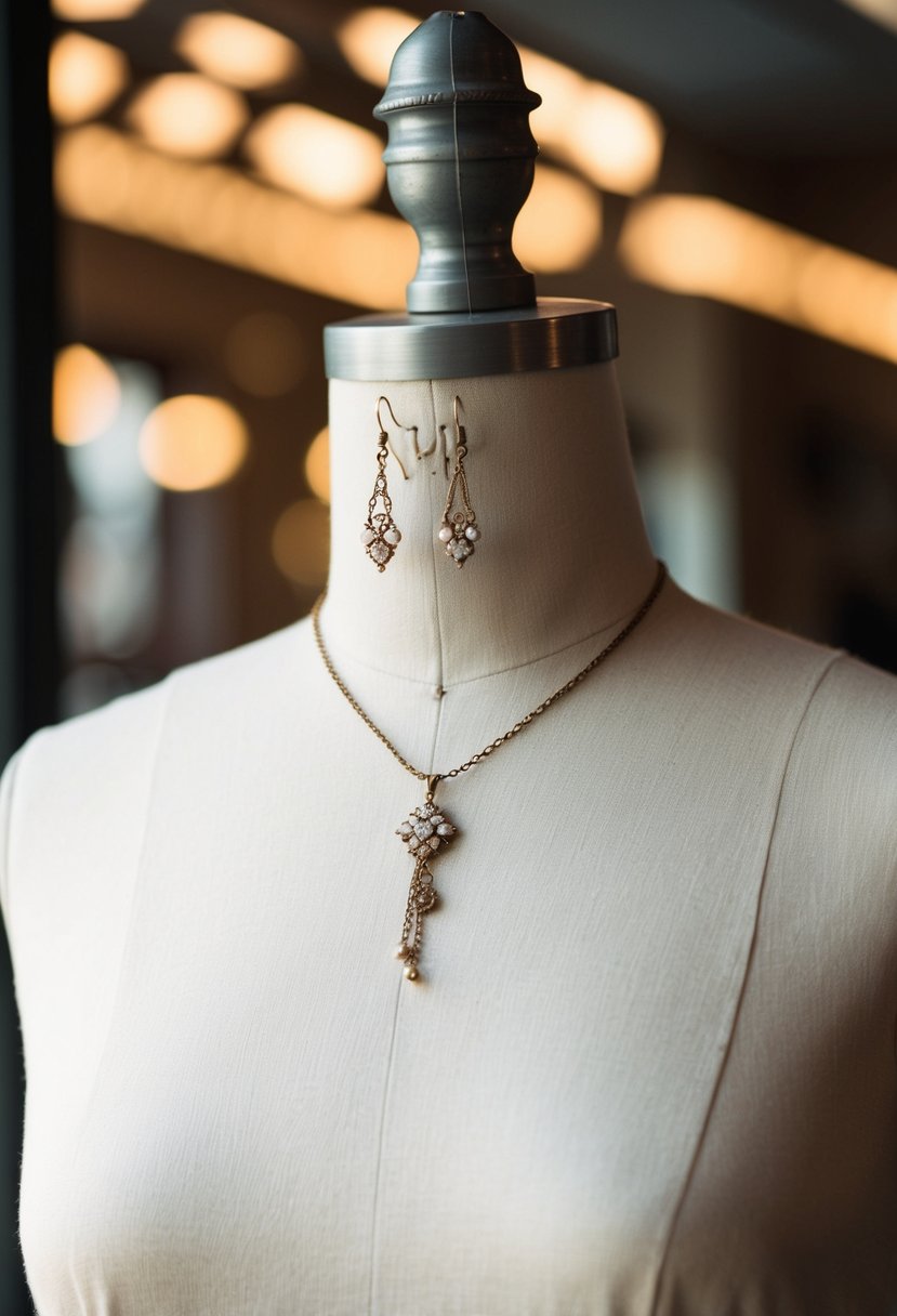 A delicate necklace and earrings hang on a vintage dress form