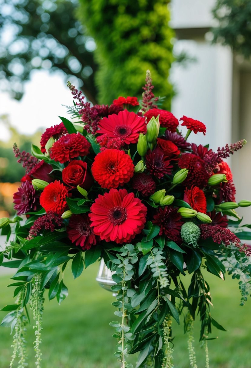 A vibrant bouquet of bold red and burgundy flowers, with lush greenery, arranged in a cascading style