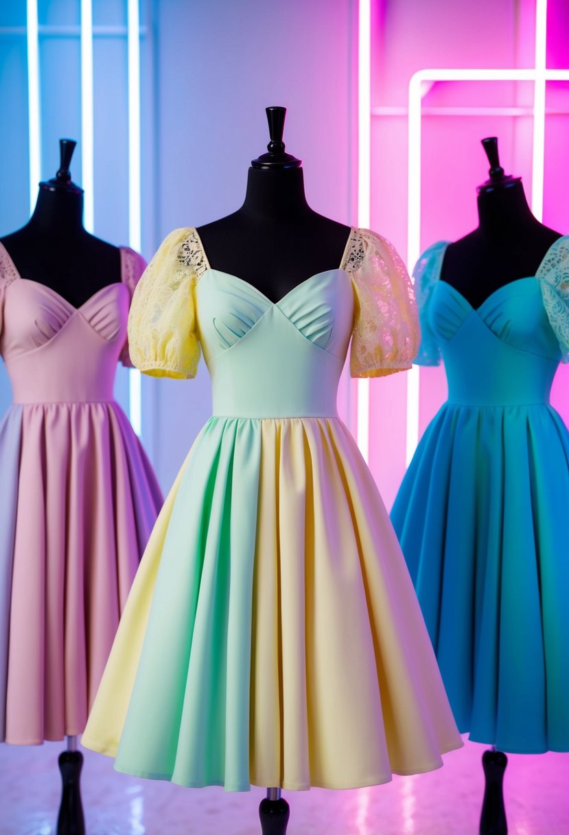 A-line dresses in pastel colors with puffy sleeves and lace details, set against a backdrop of neon lights and geometric shapes