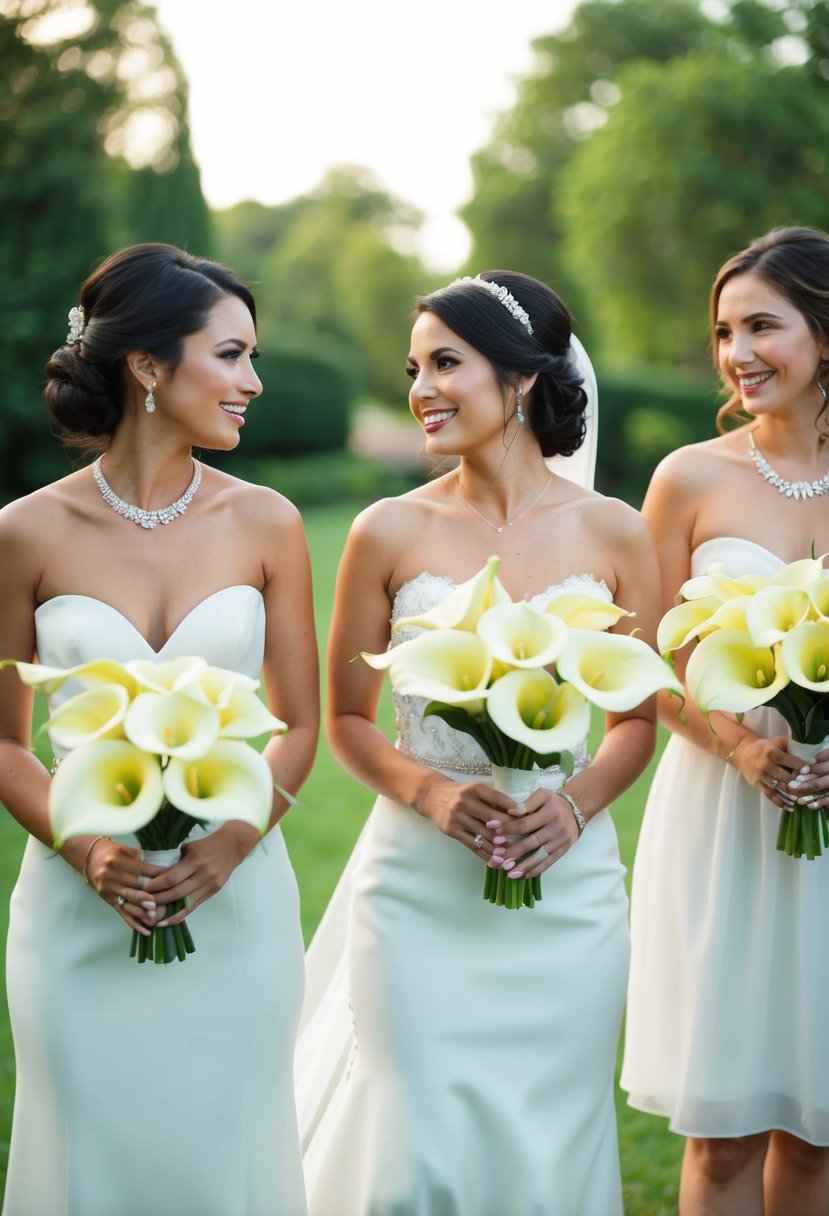 A bride and her bridesmaid holding elegant Calla Lily bouquets