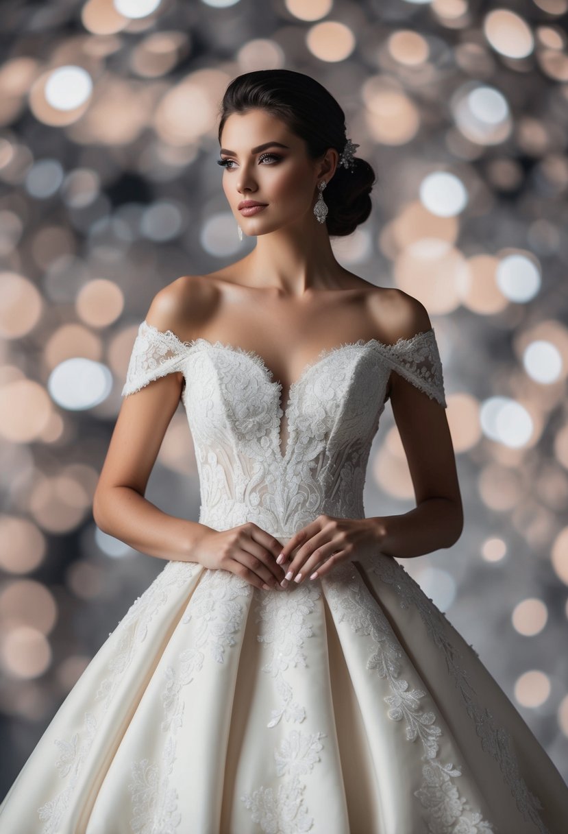 A sleek, off-the-shoulder wedding dress with a fitted bodice and a full, flared skirt, adorned with lace and sequins, evoking 80s glamour